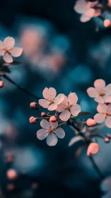 Cherry blossoms blooming against teal twilight backdrop.