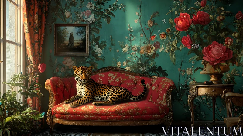 Leopard on Ornate Red Sofa in Turquoise Floral Room.