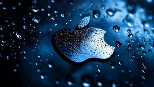 Metallic logo surface is covered with condensed water droplets