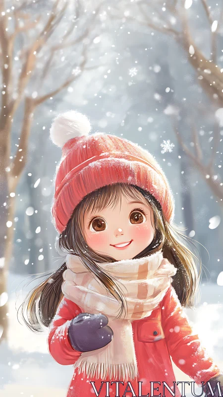 Winter portrait of bundled child in softly lit snowfall scene.