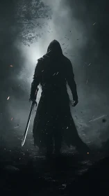 Cloaked swordsman silhouette in dramatic backlit digital painting.