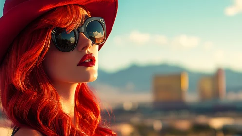 Crimson sunseeker in mirrored shades above neon desert.