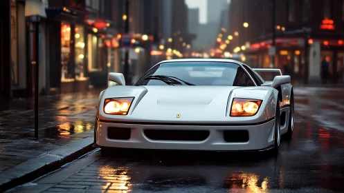 Neon rain idol: white supercar prowls the midnight avenue.