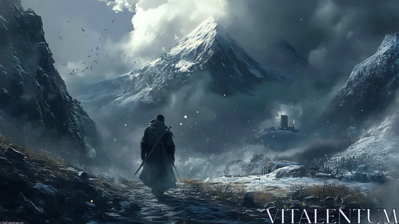 Solitary cloaked wanderer crossing glacial valley toward citadel.