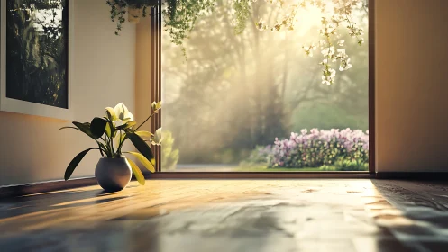 Interior floor view toward open garden doorway in sunlight.