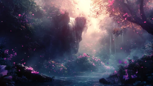 Enchanted waterfall grove glows through luminous mist.