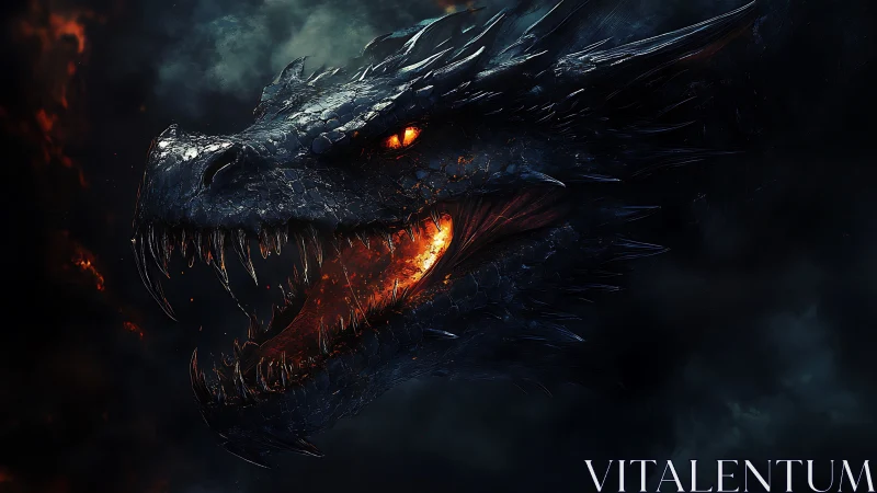 Ferocious black dragon head with burning molten jaws.