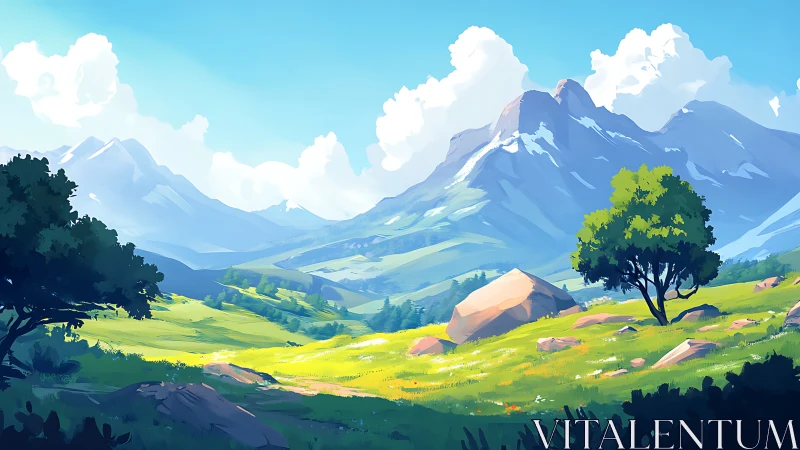 Sunlit alpine valley under bold blue summer sky.