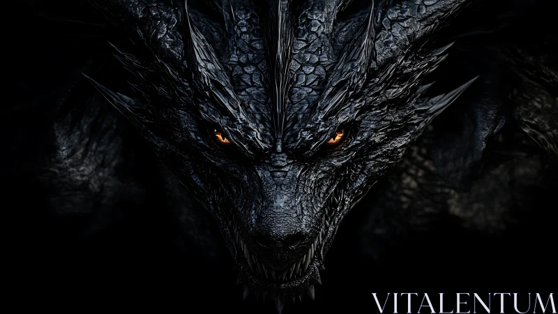 Dark scaled dragon face with glowing orange eyes in shadow.