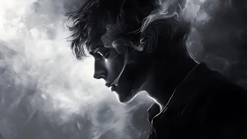 Smoky monochrome profile captures introspective tension.