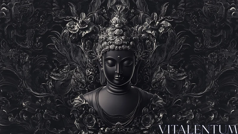 Serene black Buddha head rises from ornate floral shadows.