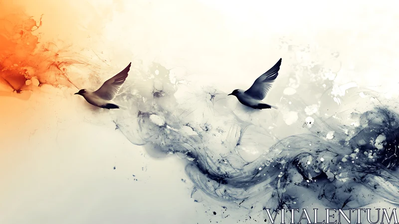 Digital seagulls over abstract orange and blue waves.