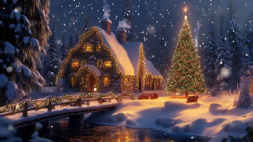 Snowlit cottage and towering Christmas tree at dusk.