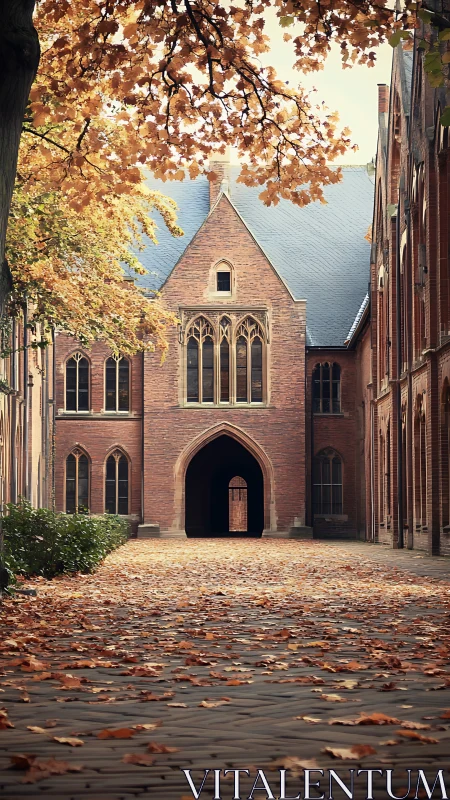 Gothic brick college courtyard under golden autumn canopy.