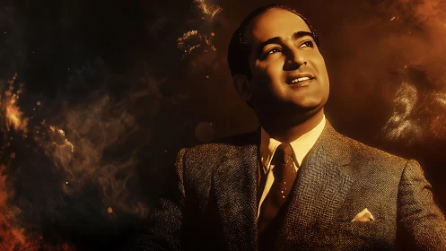 Portrait of a suited man rendered with warm cinematic lighting