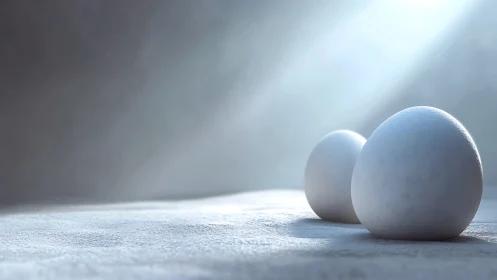 White eggs on textured surface under cool daylight.