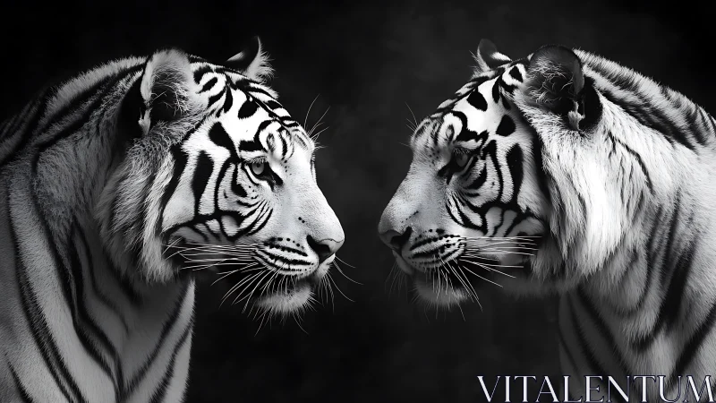 Two White Tigers Face Each Other in Striking Profile