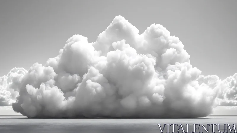 Monochrome cumulonimbus formation over calm seascape.