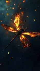 Glowing dragonfly drifts through ember-lit cosmic night sky.