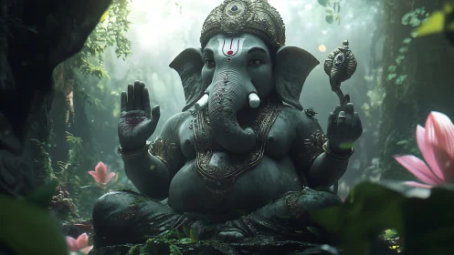 Detailed stone Ganesha idol rendered in atmospheric jungle light