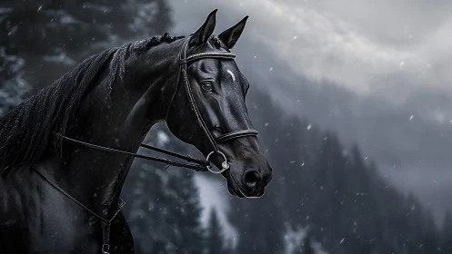 Midnight horse in gentle mountain snowfall stillness.