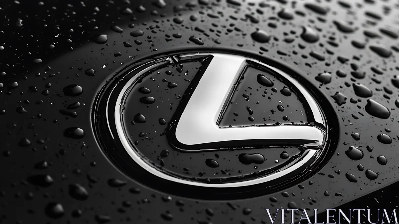 Macro optical study of chrome vehicle emblem under rainfall.