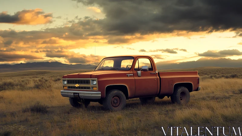Vintage orange pickup truck rests in golden prairie sunset