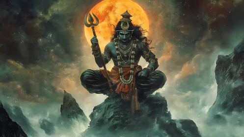 Divine warrior deity under blazing orange full moon