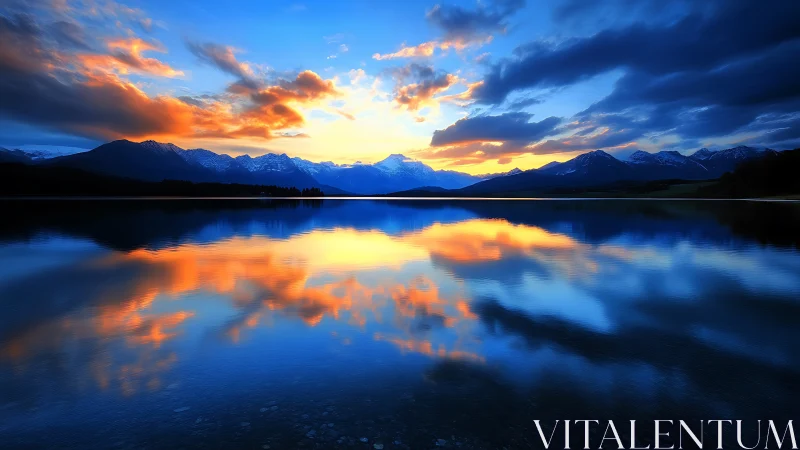 Sunset light ignites tranquil mountain lake reflections.
