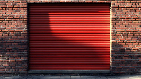 Red metal garage shutter contrasts with sunlit brick wall
