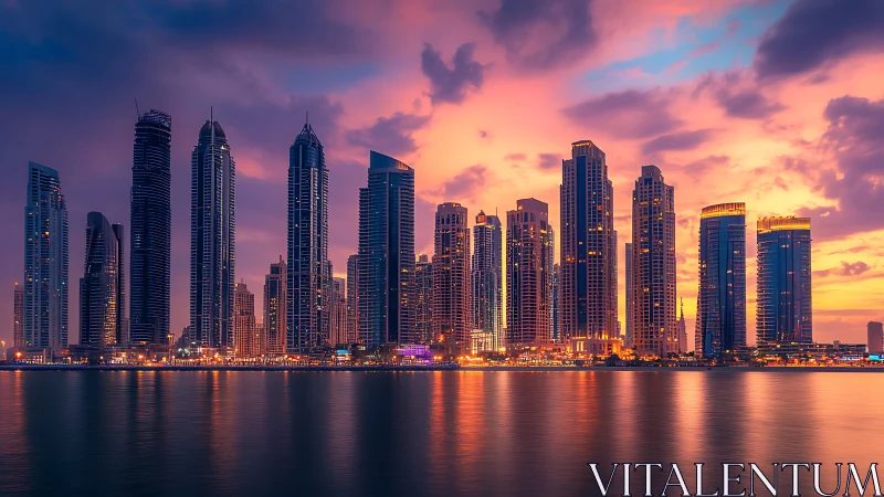 High-rise coastal skyline under chromatic twilight illumination.