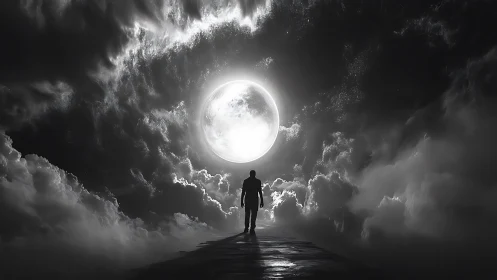 Backlit silhouette walks toward high-contrast lunar aperture portal