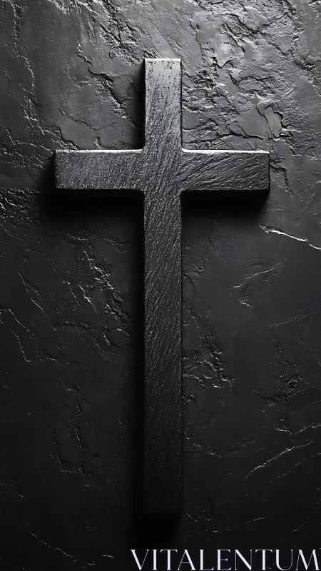 Textured black wooden cross on rough dark stone backdrop
