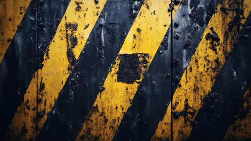 Diagonal yellow hazard stripes cover corroded dark metal