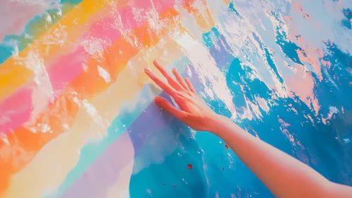 Hand reaching across reflective rainbow water surface.