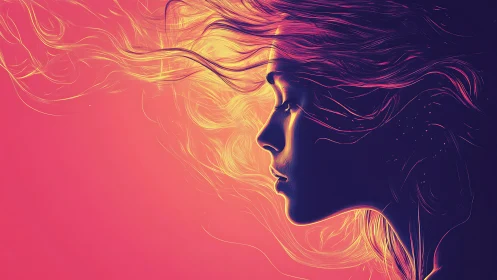 Luminous profile of a dreaming woman in glowing colors.