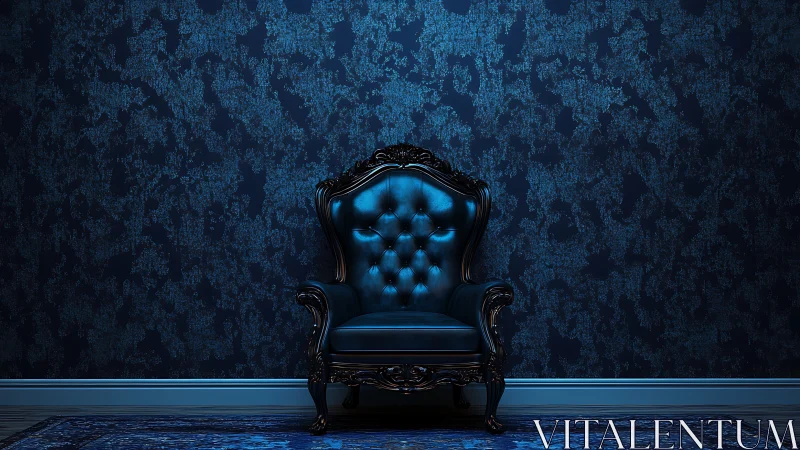 Baroque tufted armchair centered in monochrome blue chamber.