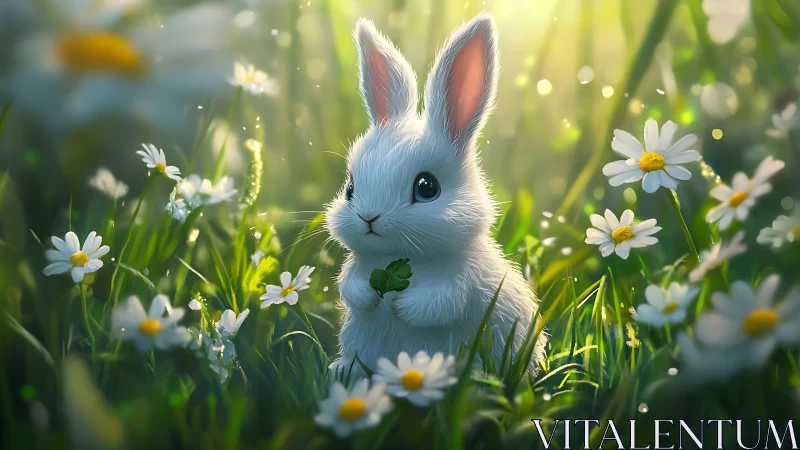 Gentle white bunny pauses in glowing meadow of spring daisies