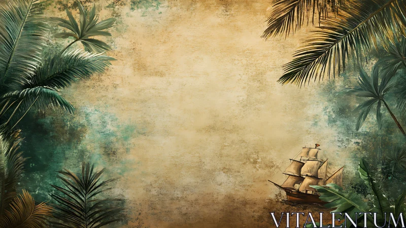 Vintage tropical seascape with sailing ship and foliage.
