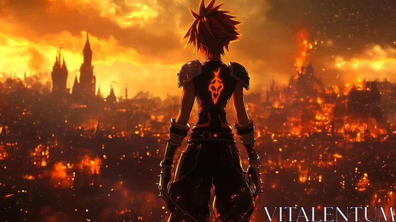 Character observes burning fantasy city under orange sky