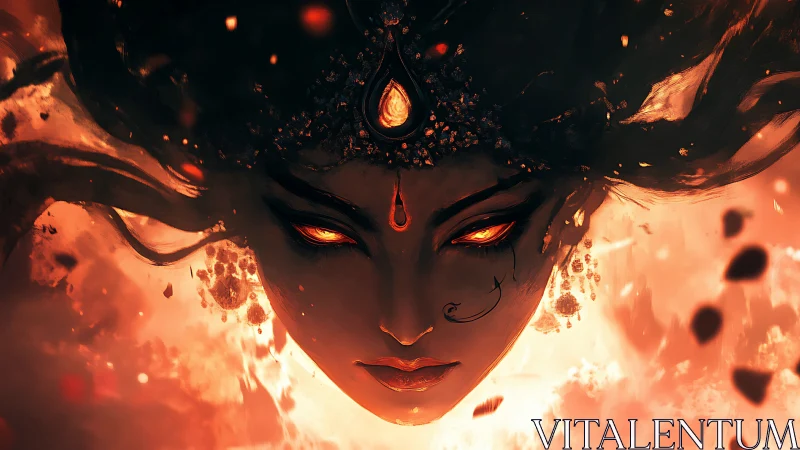 Fiery female face with glowing eyes dominates burning scene