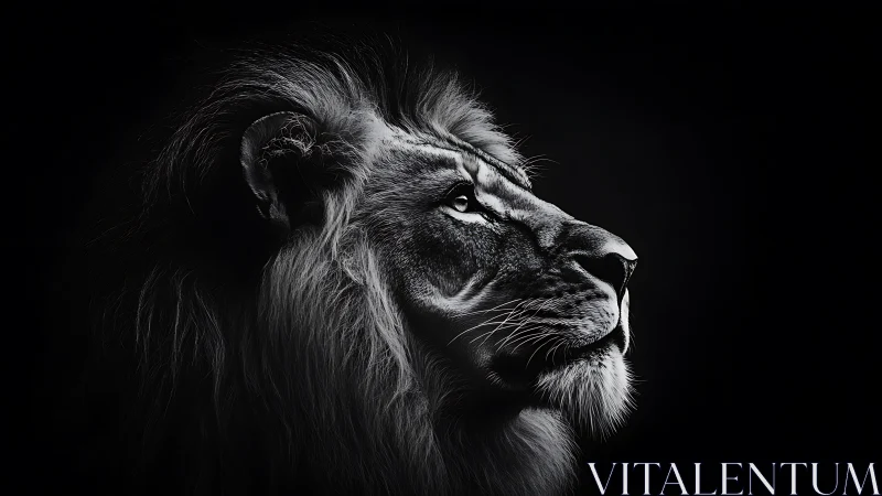 Monochrome lion portrait in dramatic rim lighting profile.
