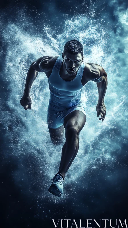Explosive sprinter emerges through water in cinematic motion.