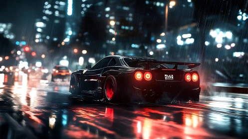 Black sports car on wet neon city street at night.