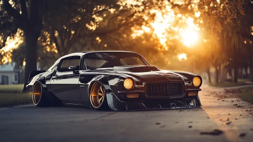 Low-slung black muscle car on quiet tree-lined street at dusk.