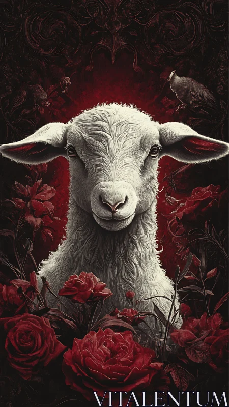 Gentle white lamb surrounded by deep crimson roses.