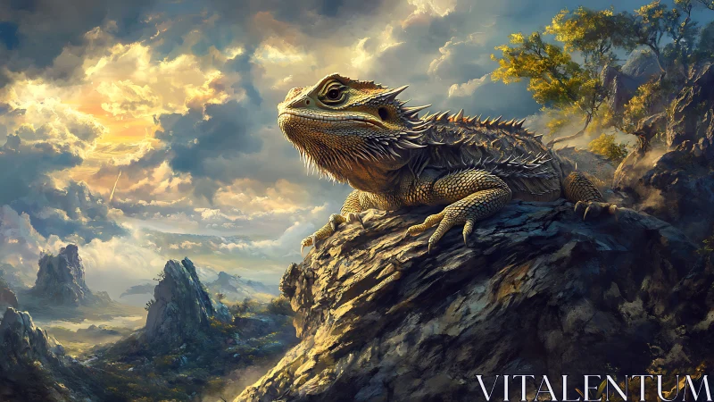 Spiny reptile on rocky outcrop under expansive sky at dusk.