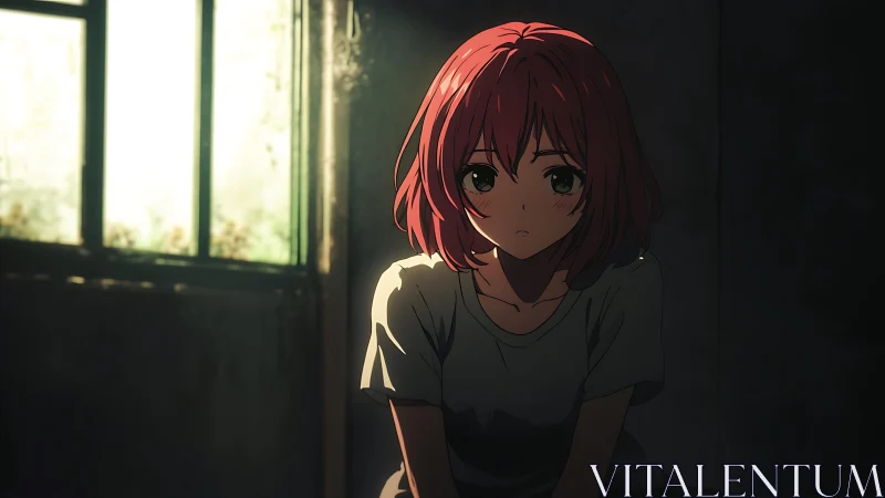 Anime girl sits in dim interior as side light defines contour