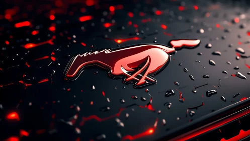 Red stylized bird emblem on wet reflective dark surface.