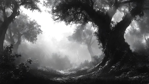 Mist-Draped Giants Guard a Luminous Forest Sanctuary